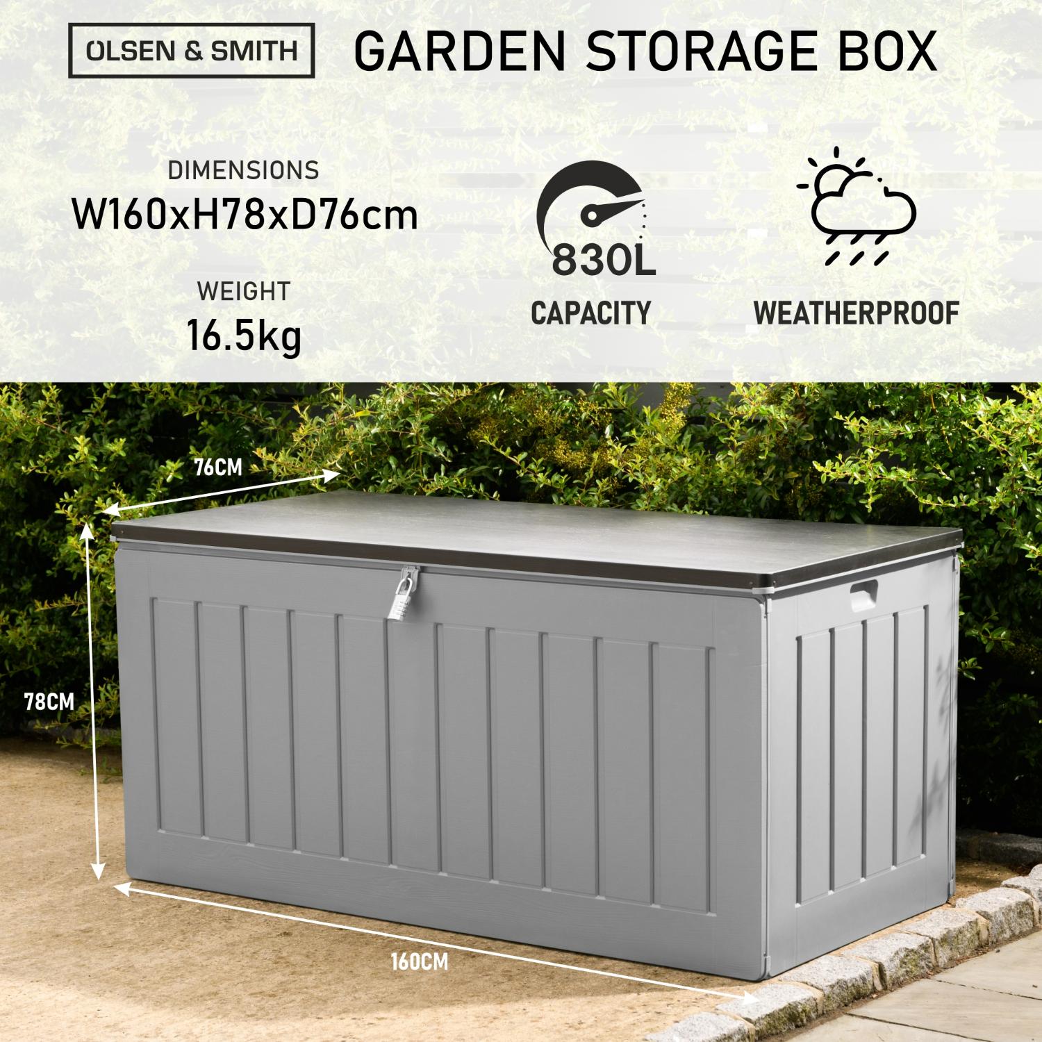 Olsen & Smith 830L MASSIVE Kapazität im Freien Garten Storage Box Kunststoff Schuppen - wetterfest & Sit On mit Holz-Effekt-Truhe