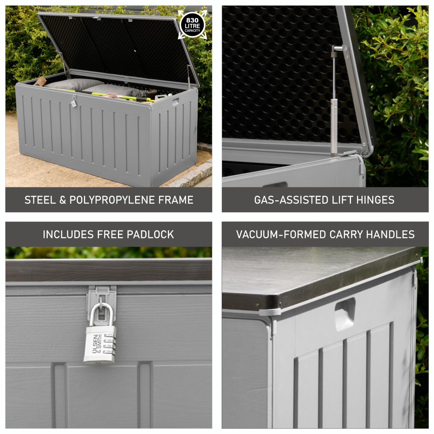 Olsen & Smith 830L MASSIVE Kapazität im Freien Garten Storage Box Kunststoff Schuppen - wetterfest & Sit On mit Holz-Effekt-Truhe