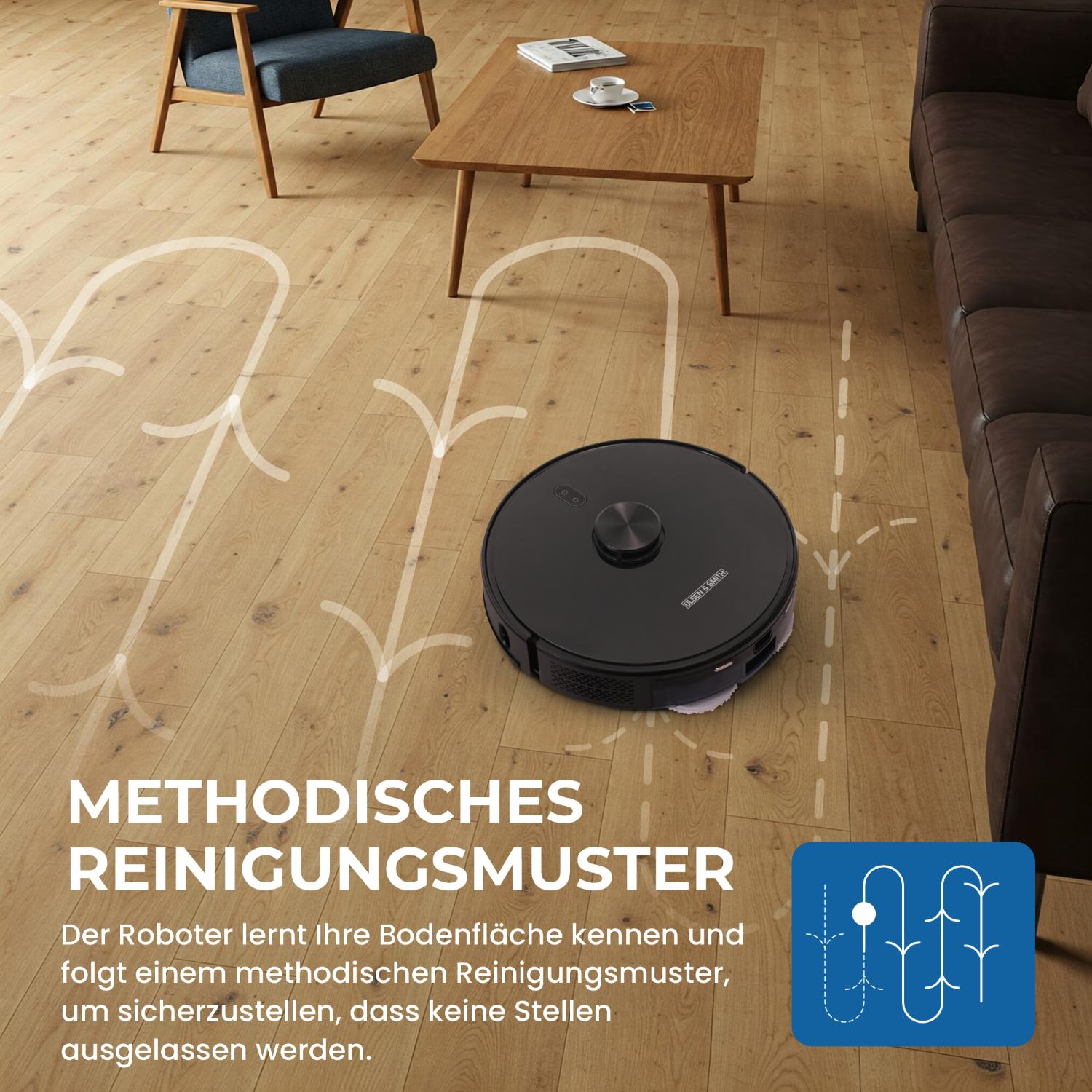 Olsen & Smith Intelligenter Saug- & Wischroboter – 6500Pa Saugleistung, Laser-Navigation, Automatische Entleerung, Selbstladestation, App- & Sprachsteuerung – Perfekt für Tierhaare, Hartböden & Teppiche