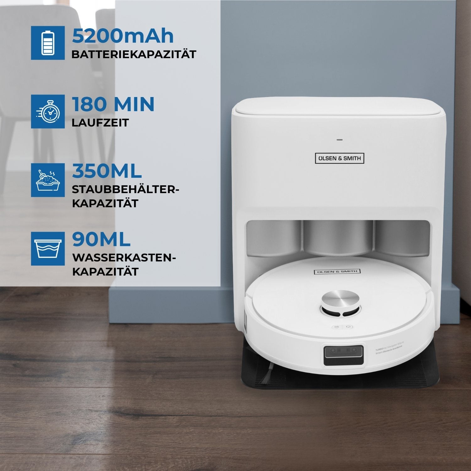 Olsen & Smith Saug- und Wischroboter 10000Pa – Selbstreinigend mit automatischer Entleerung & Wasserauffüllung, Laser-Navigation, KI-Hinderniserkennung, App & Alexa Steuerung, 2,5L Basisstation