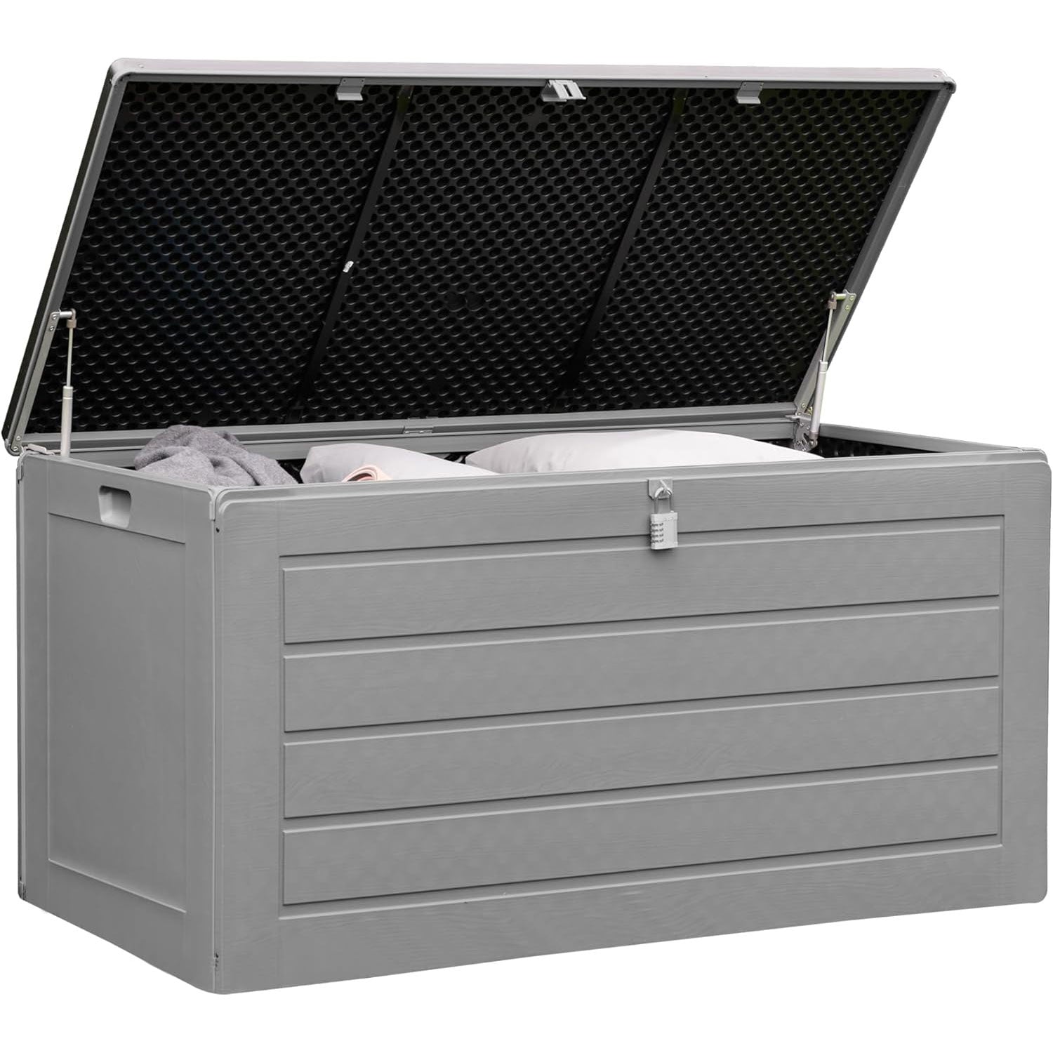 Olsen & Smith Gartenschuppen mit großem Fassungsvermögen, 680 l, mit Vorhängeschloss-Box, Kunststoffschuppen – wetterfest und zum Sitzen, mit Truhe in Holzoptik (680 l, anthrazit)