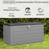 Olsen & Smith Gartenschuppen mit großem Fassungsvermögen, 680 l, mit Vorhängeschloss-Box, Kunststoffschuppen – wetterfest und zum Sitzen, mit Truhe in Holzoptik (680 l, anthrazit)