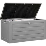 Olsen & Smith Gartenschuppen mit großem Fassungsvermögen, 680 l, mit Vorhängeschloss-Box, Kunststoffschuppen – wetterfest und zum Sitzen, mit Truhe in Holzoptik (680 l, anthrazit)
