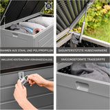Olsen & Smith Gartenschuppen mit großem Fassungsvermögen, 680 l, mit Vorhängeschloss-Box, Kunststoffschuppen – wetterfest und zum Sitzen, mit Truhe in Holzoptik (680 l, anthrazit)