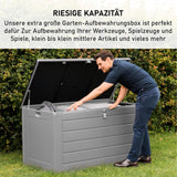 Olsen & Smith Gartenschuppen mit großem Fassungsvermögen, 680 l, mit Vorhängeschloss-Box, Kunststoffschuppen – wetterfest und zum Sitzen, mit Truhe in Holzoptik (680 l, anthrazit)
