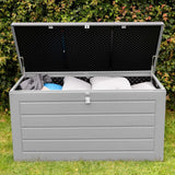 Olsen & Smith Gartenschuppen mit großem Fassungsvermögen, 680 l, mit Vorhängeschloss-Box, Kunststoffschuppen – wetterfest und zum Sitzen, mit Truhe in Holzoptik (680 l, anthrazit)