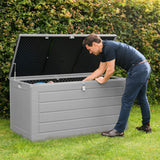 Olsen & Smith Gartenschuppen mit großem Fassungsvermögen, 680 l, mit Vorhängeschloss-Box, Kunststoffschuppen – wetterfest und zum Sitzen, mit Truhe in Holzoptik (680 l, anthrazit)